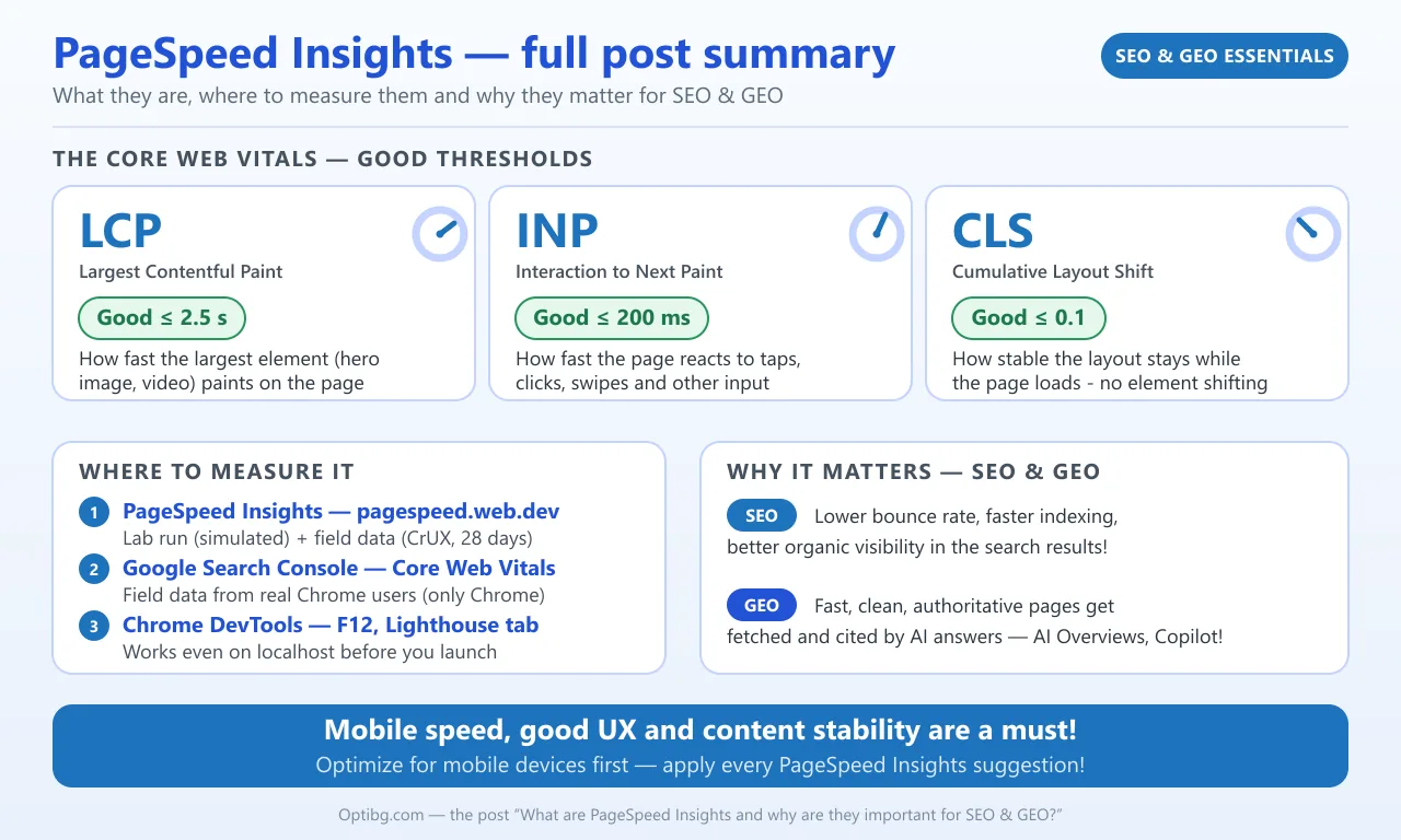 Infographic summarizing the post: the three Core Web Vitals with their good thresholds (LCP 2.5 s, INP 200 ms, CLS 0.1), where to measure page speed (PageSpeed Insights, Google Search Console, Chrome DevTools Lighthouse) and why fast pages matter for SEO (bounce rate, indexing, organic visibility) and GEO (citation in AI answers)